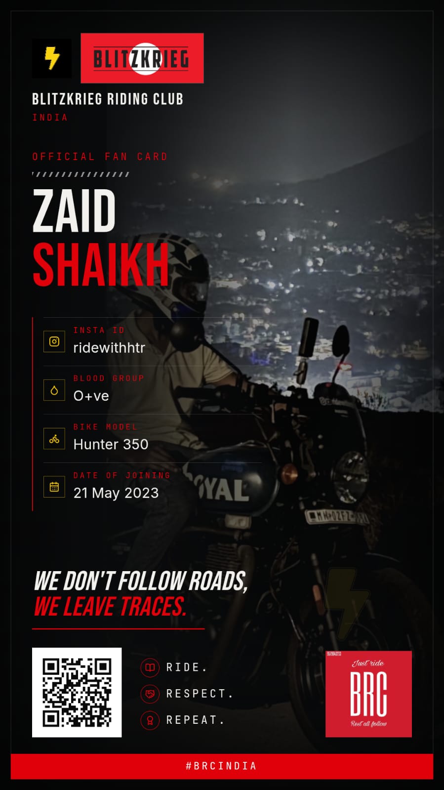 BRC fan card of Zaid Shaikh
